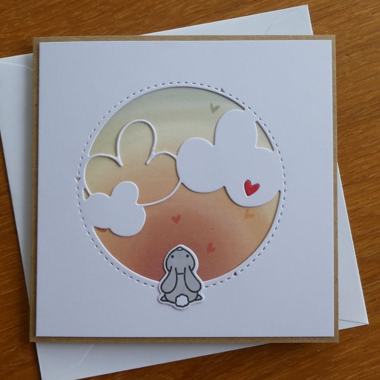 Rabbit With Clouds and Hearts Blank Card