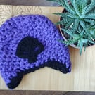 Purple and black small child skull beanie with ear flaps
