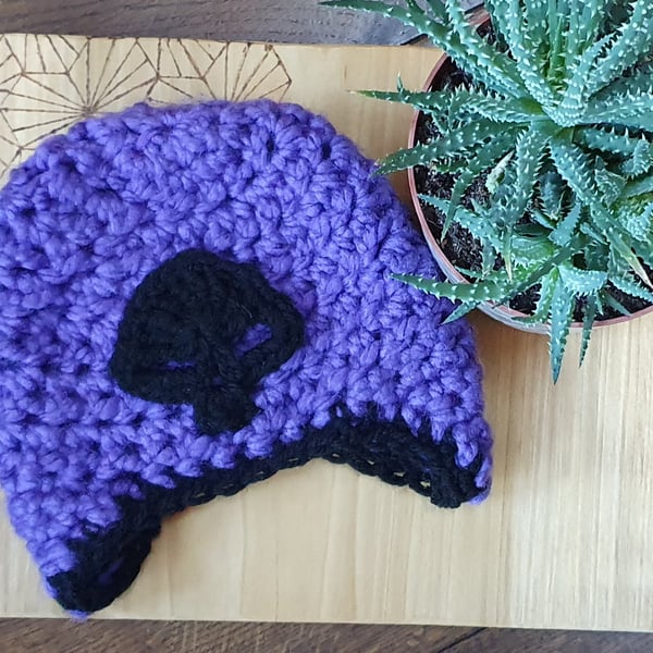 Purple and black small child skull beanie with ear flaps