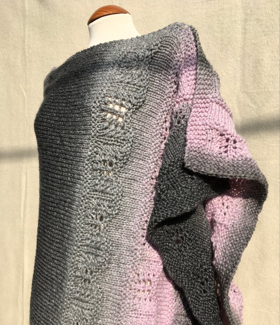 Unique Pink and Grey Hand Knitted Lace Rectangle Shawl Wrap Oversized Scarf