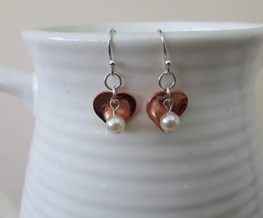 Copper Heart Drop Earrings with Sterling Silver and Pearl 