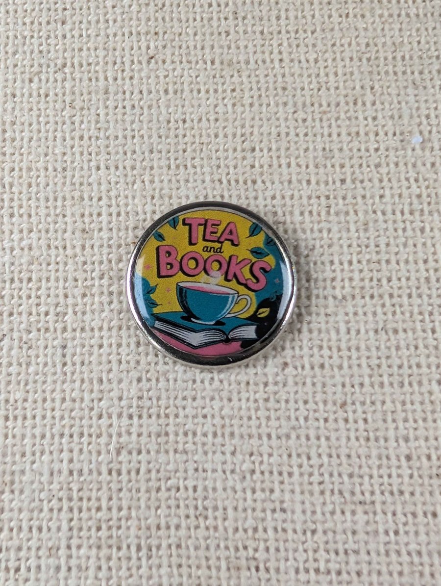 Tea and Books - Tea & Reading Themed Pin - Large Resin Topped Pin Badge
