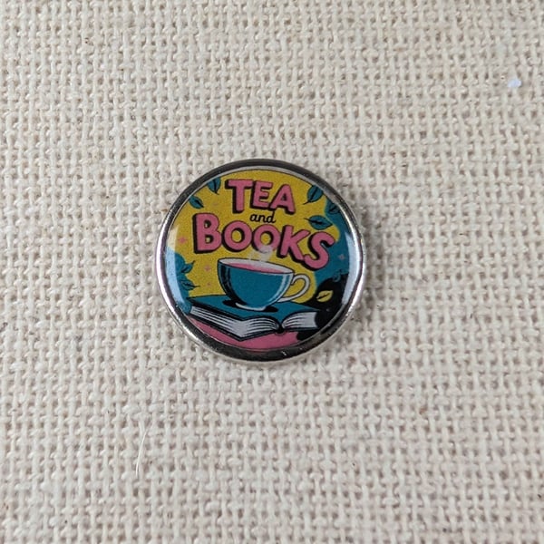 Tea and Books - Tea & Reading Themed Pin - Large Resin Topped Pin Badge