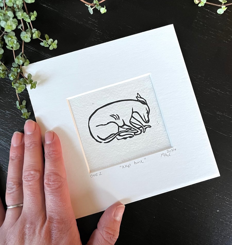 mini lino print of a whippet sleeping entitled "nap time', mounted, second