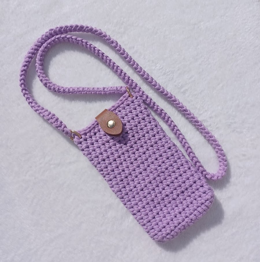 Crochet crossbody bag, lavender phone purse, vertical summer bag