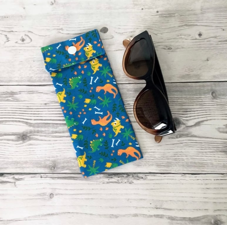 Sunglasses Pouch: Glasses Case. Blue Dinosaurs Fabric