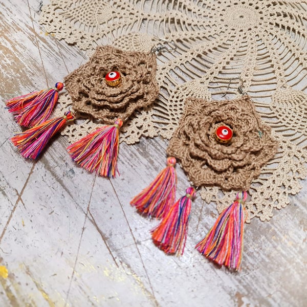 Hand crochet beige floral red eye evil beaded, colorful tassels handmade earring