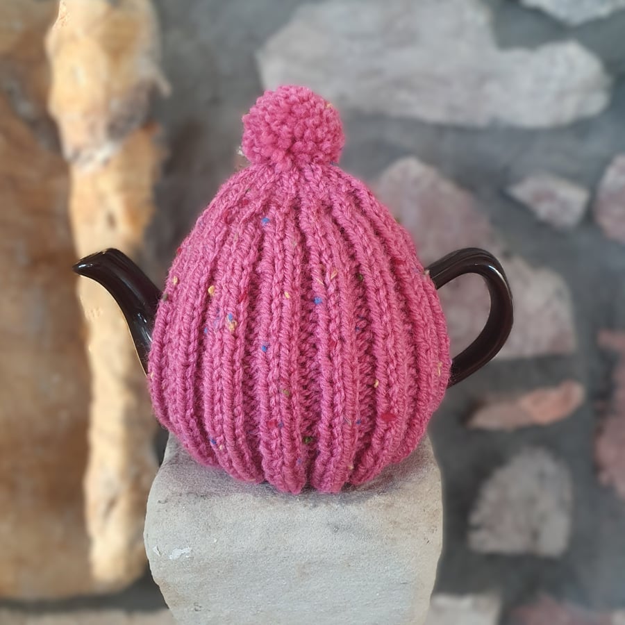 Small Tea Cosy for 2 Cup Tea Pot, Pink Tweed, Hand Knitted