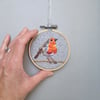 Handmade Robin applique and embroidered mini hoop - hanging decoration