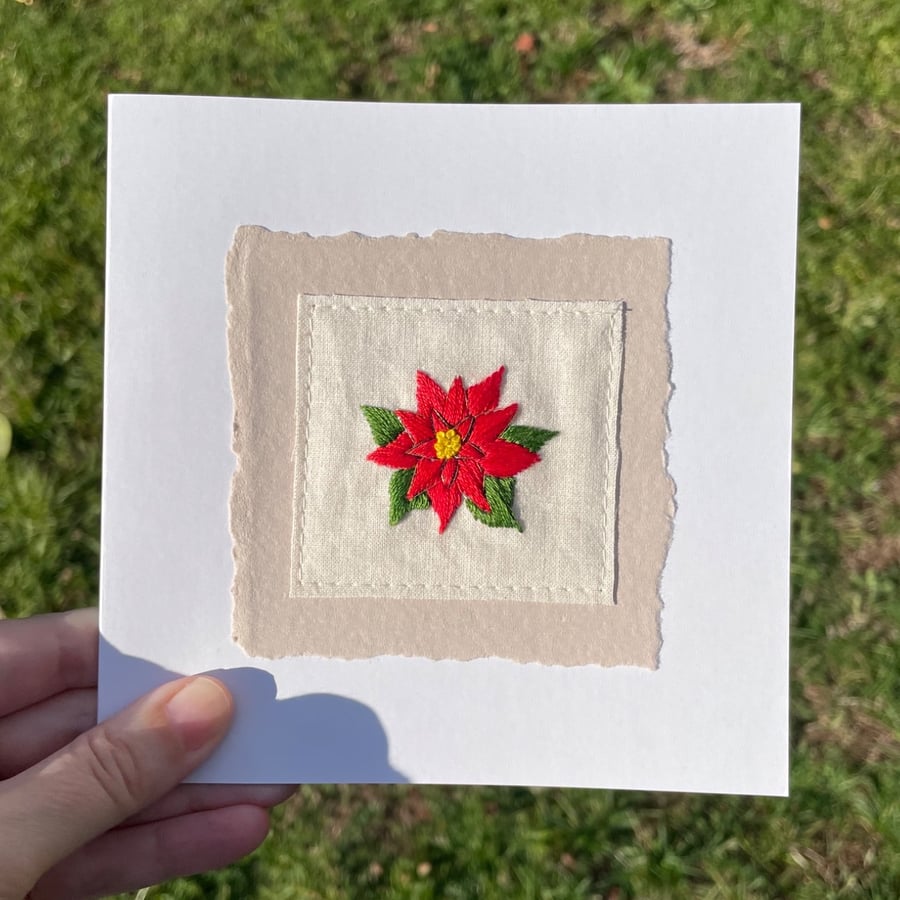 Poinsettia, Hand embroidered Christmas card, recycled card