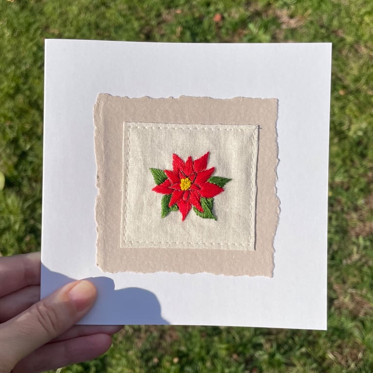 Poinsettia, Hand embroidered Christmas card, recycled card