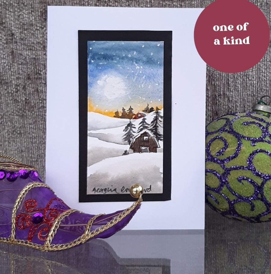 Blank  Christmas Card. Snowy Cottage Card. Winter Snowscene.