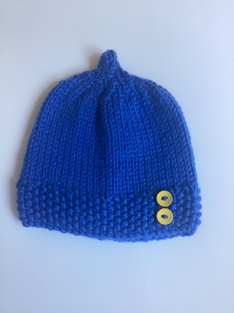 Baby hat blue hand knit 3-12 months 