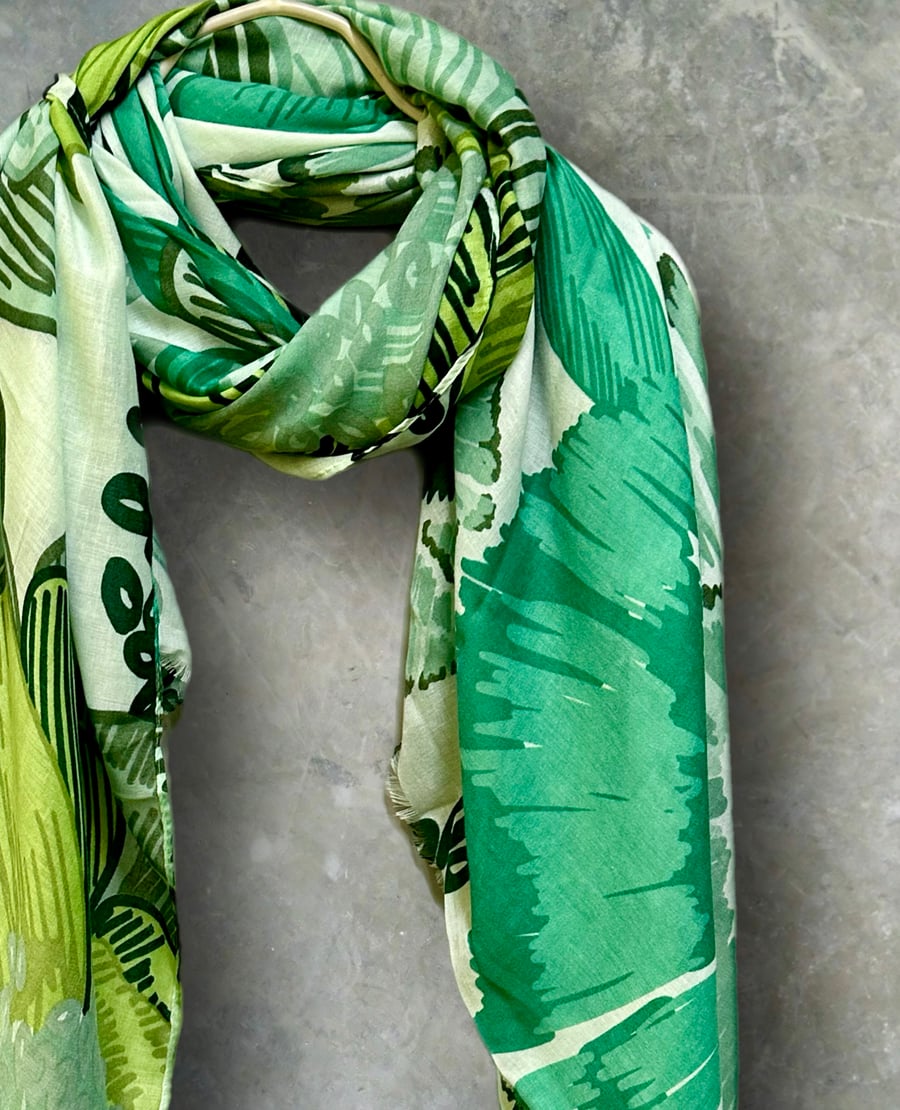 Stunning Green Scarf Featuring Huge Sketched Flower for Women,Great Gift for Her