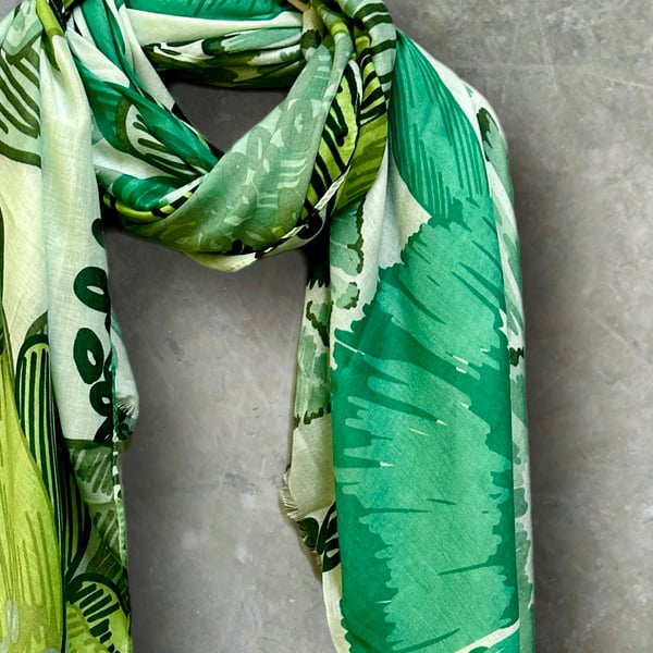 Stunning Green Scarf Featuring Huge Sketched Flower for Women,Great Gift for Her