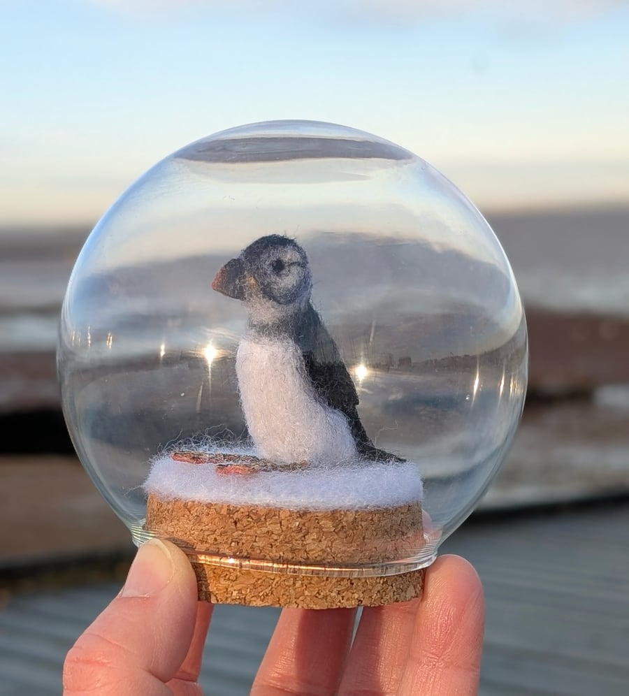 Winter Puffin tiny wool snow globe decoration