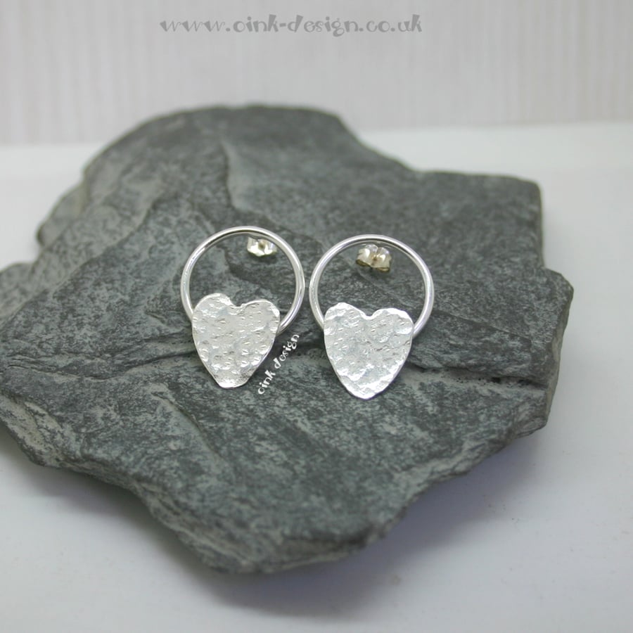 Sterling silver textured circular and heart stud earrings