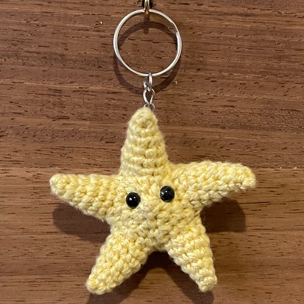 Sparkling yellow crochet starfish - amigurumi travel purse bag keyring accessory