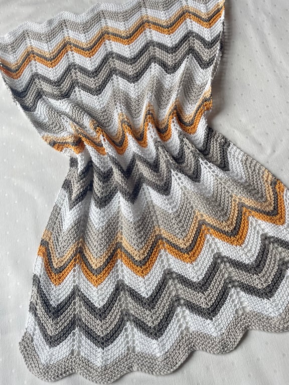 White, grey, and mustard striped baby blanket in 100% cotton 