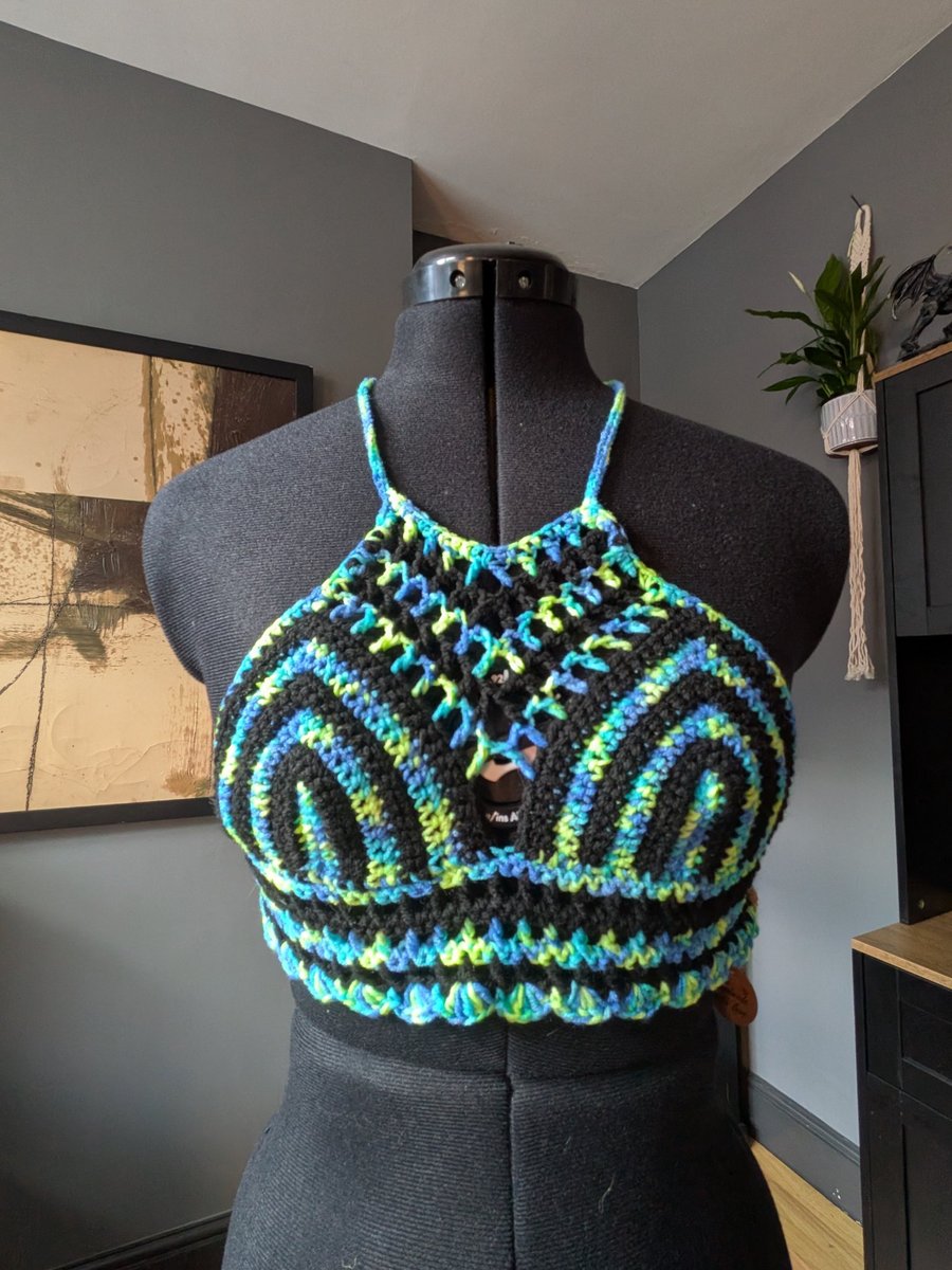 XS handmade crochet halter neck bralette top adjustable corset design fastening