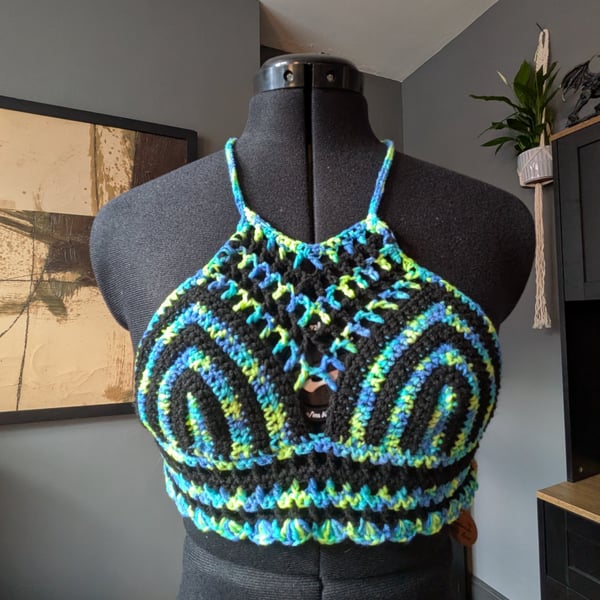 XS handmade crochet halter neck bralette top adjustable corset design fastening