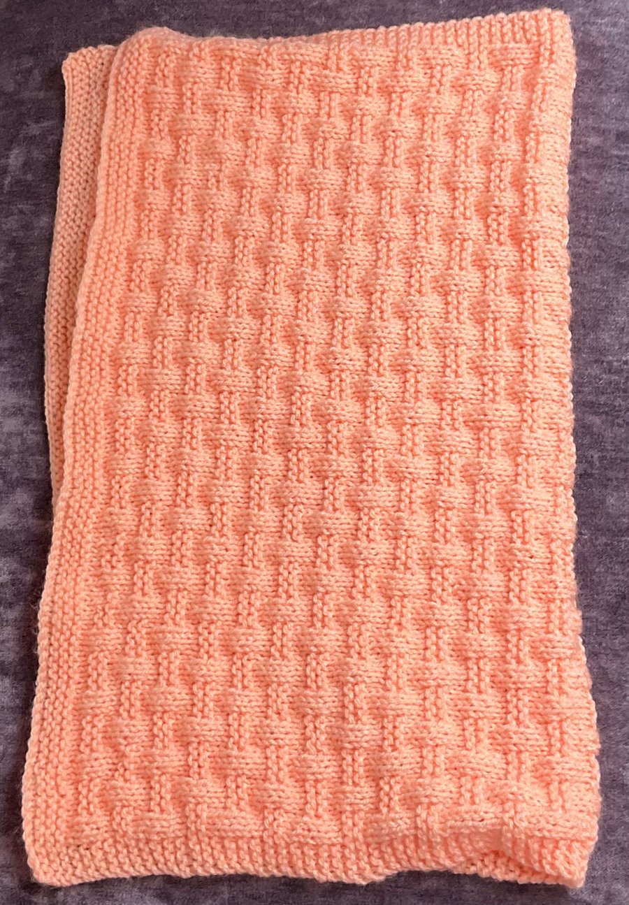 Knitted Baby Blanket Basket weave pattern in Peach
