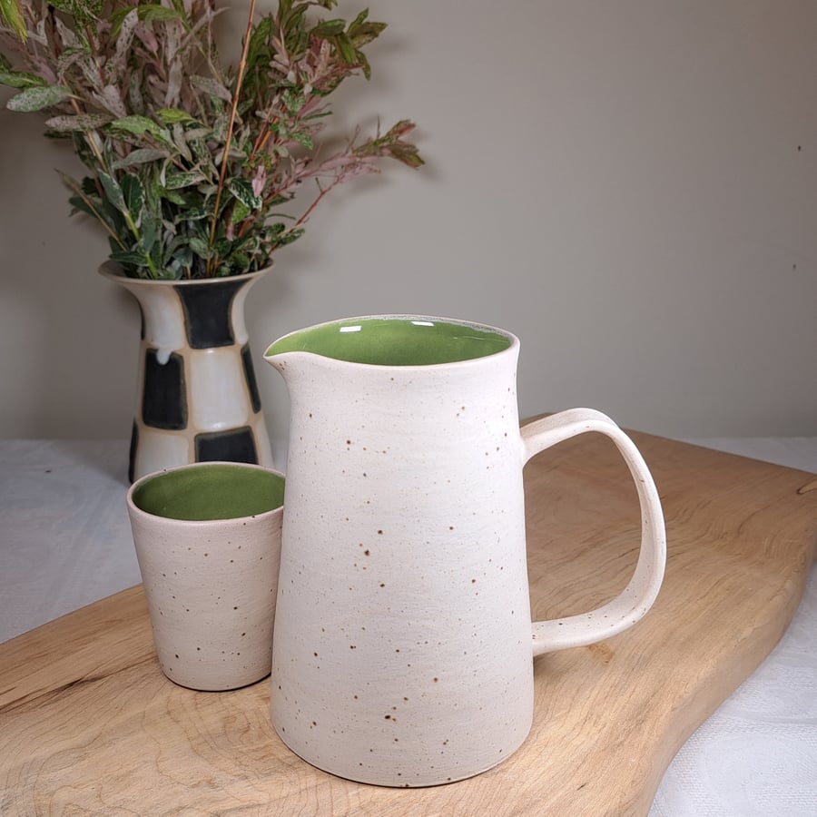 HAND MADE CERAMIC TALL JUG - GLAZED IN GREEN AND CREAM