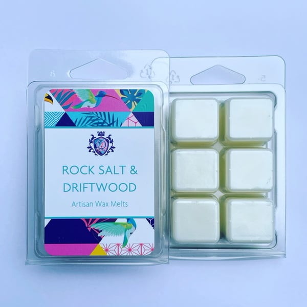 "Rock Salt & Driftwood" wax melts clamshell Vegan friendly home fragrance
