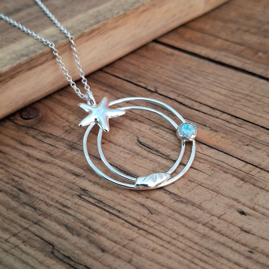 Handmade Starfish and Opal Silver Necklace