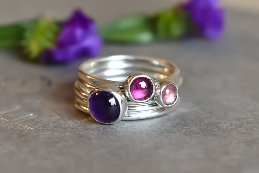 Stacking Ring Set, Argentium Silver, Pink Tourmaline, Amethyst, Rhodolite Garnet