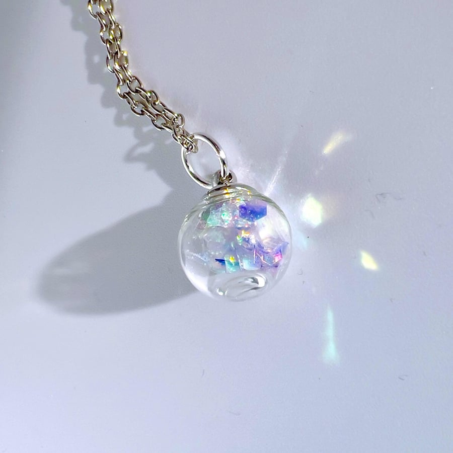 Iridescent Fairy Sparkle Glass Sphere Pendant, Necklace Silver or Gold Chain