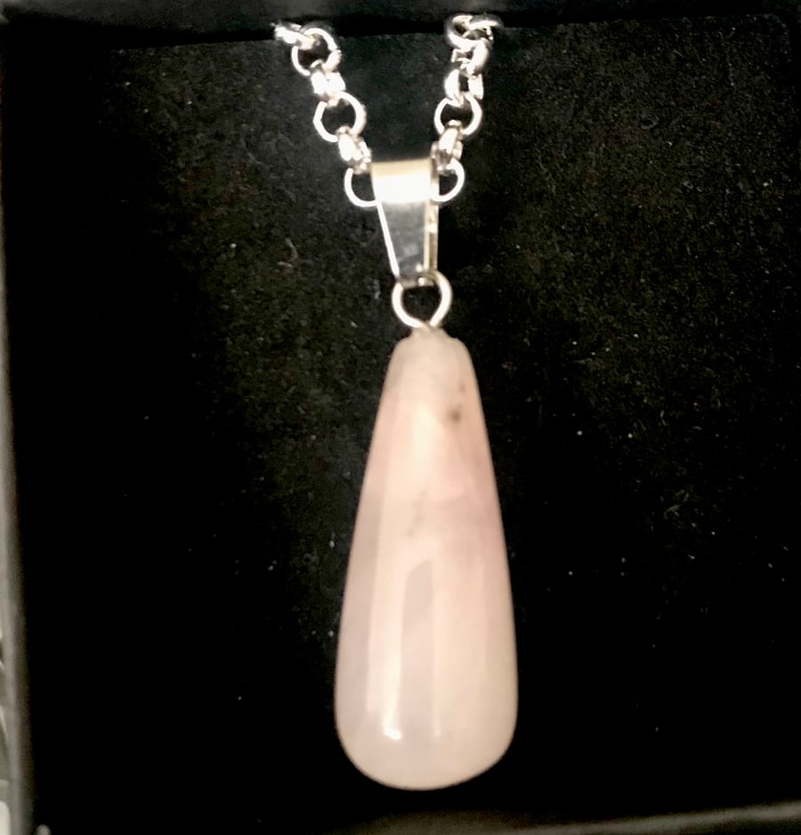 Rose Quartz Drop Pendant on 16” Silver Chain - Gift Boxed