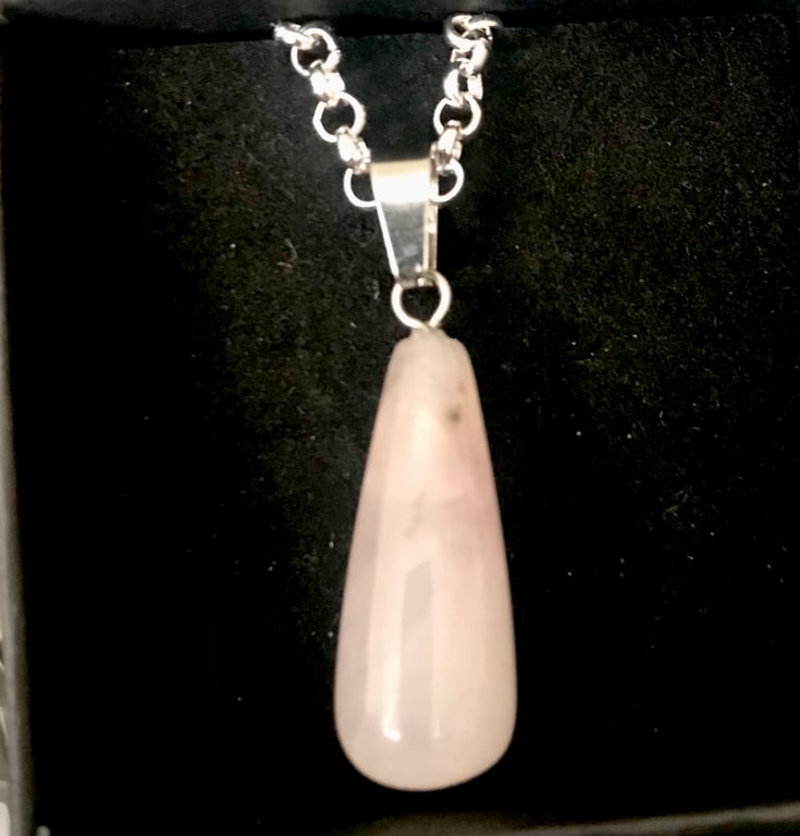 Rose Quartz Drop Pendant on 16” Silver Chain - Gift Boxed