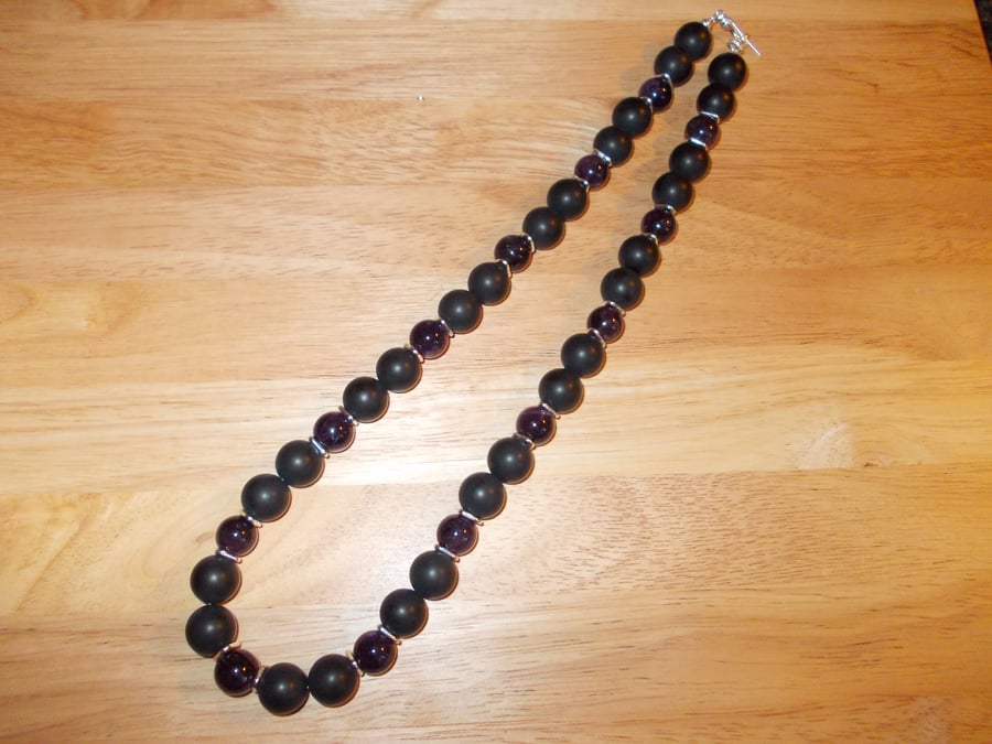 Amethyst and frosted black agate long length necklace