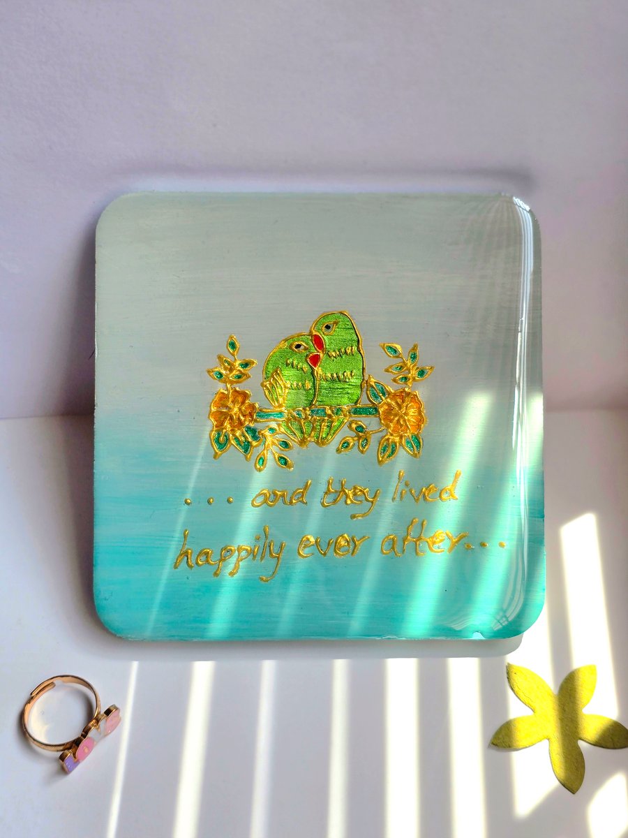 Hand painted beautiful tea coaster - happily lived ever after 