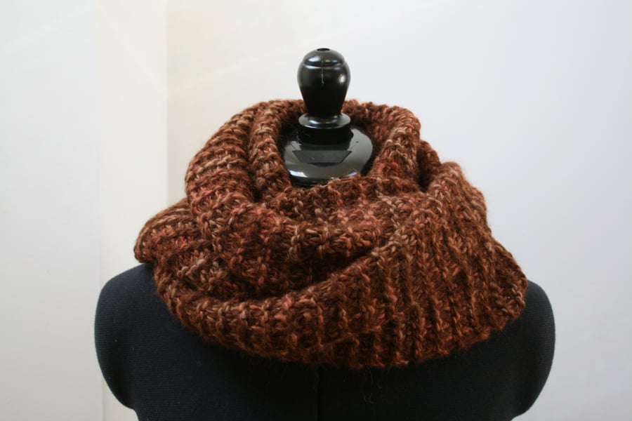 100% Alpaca infinity scarf in red tint and brown