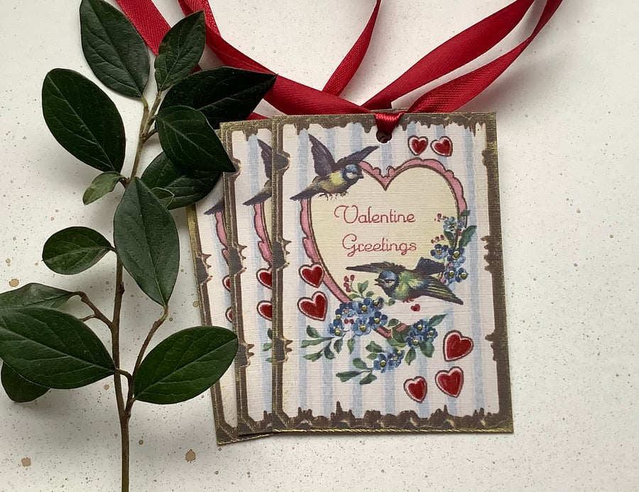 GIFT TAGS  'Valentine Greetings '( set of 3) kitsch , vintage style. Hearts.