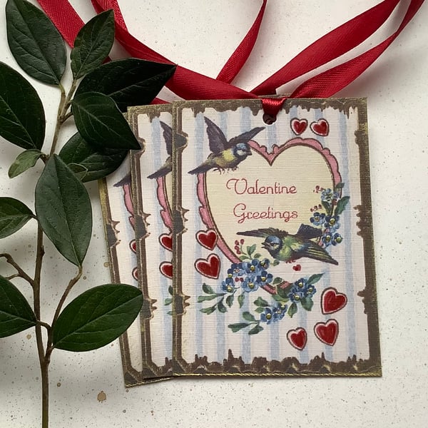 GIFT TAGS  'Valentine Greetings '( set of 3) kitsch , vintage style. Hearts.