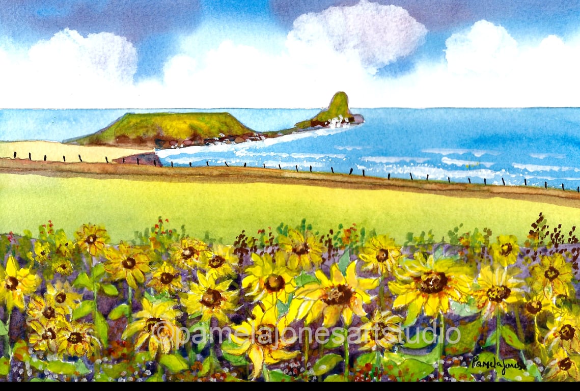 Sunflowers, Rhossili bay, Gower, Wales, Watercolour Print in 14 x 11 '' Mount