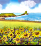 Sunflowers, Rhossili bay, Gower, Wales, Watercolour Print in 14 x 11 '' Mount - Image 1