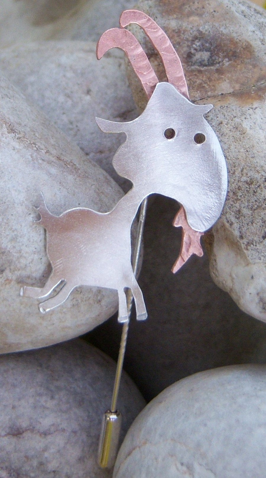 Capricorn goat pin brooch in sterling silver and copper