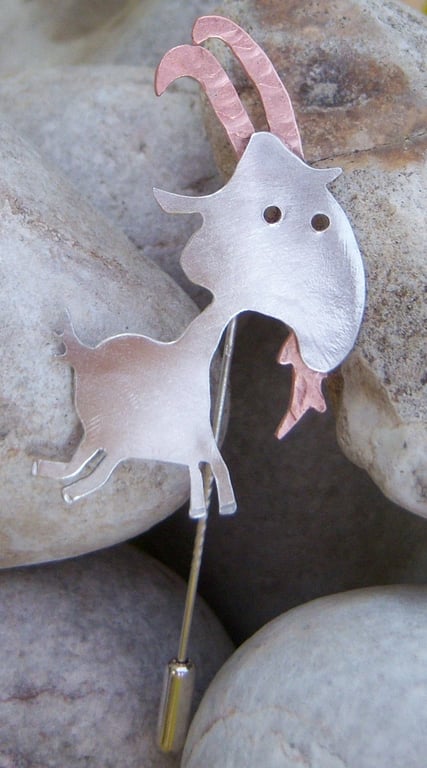 Capricorn goat pin brooch in sterling silver and copper