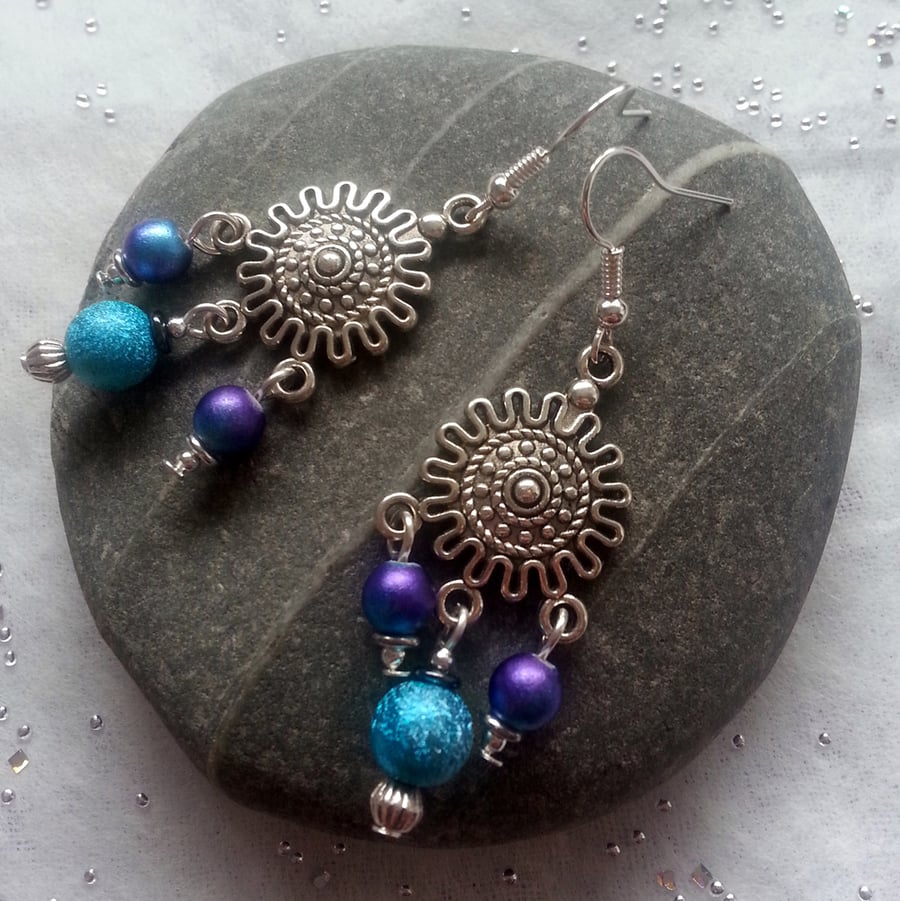 Blue Purple Sunburst Earrings - Silver Boho Dangle Earrings