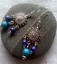 Blue Purple Sunburst Earrings - Silver Boho Dangle Earrings