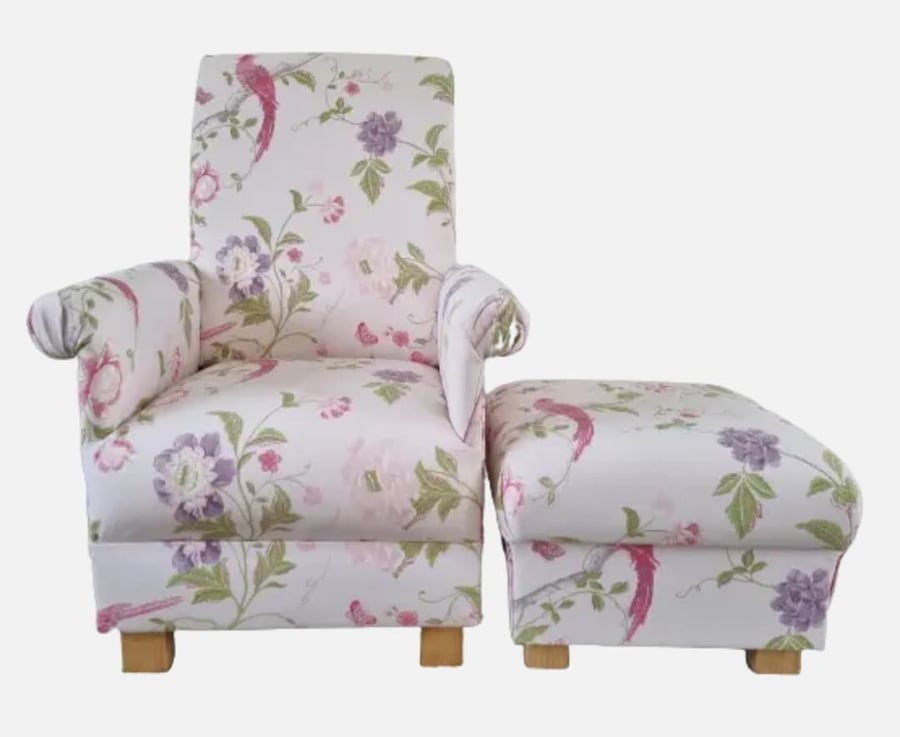 Laura Ashley Armchair & Footstool Summer Palace Cerise Pink Adult Chair Birds 
