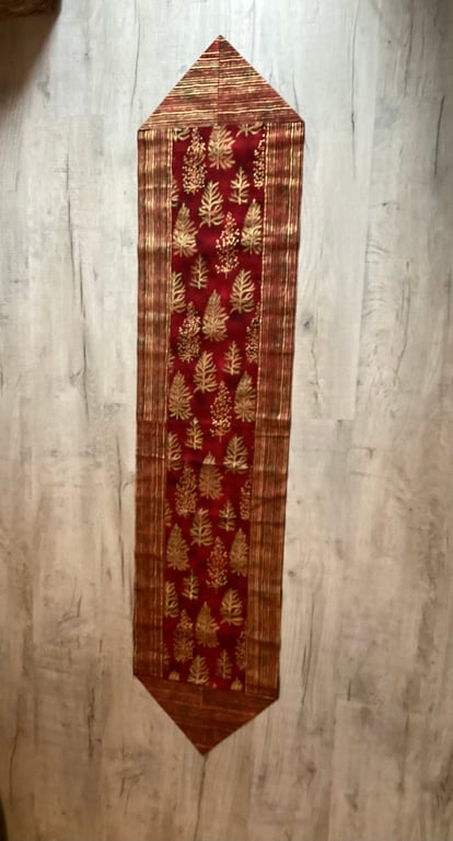 Handmade Christmas Red Table Runner, rad and gold, stripes .