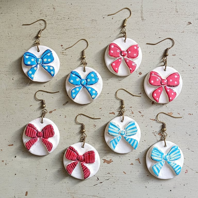Hand-painted polka dot and stripe bow earrings 