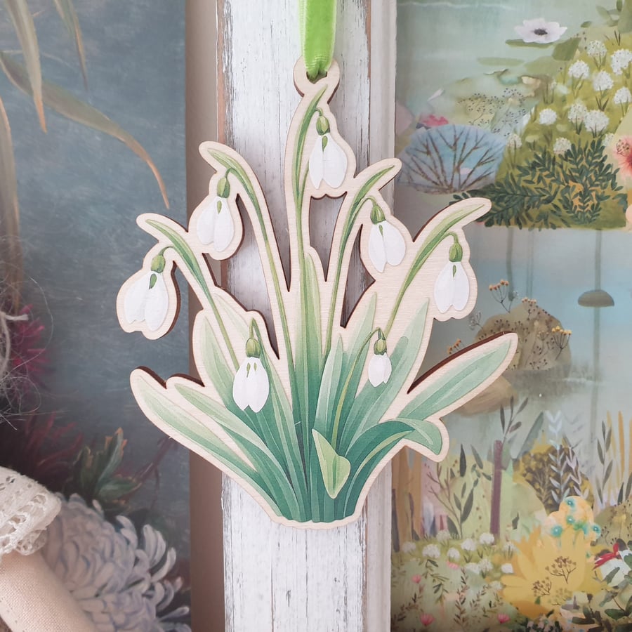 Wooden Snowdrop Hanging Decoration Gift for January Birthday
