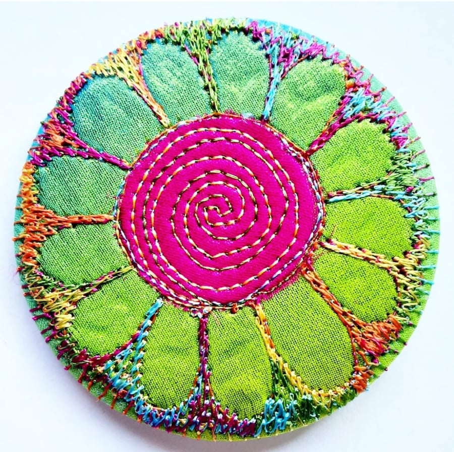 58mm Fabric Badge with Free Machine Embroidery Green and Pink Flower 