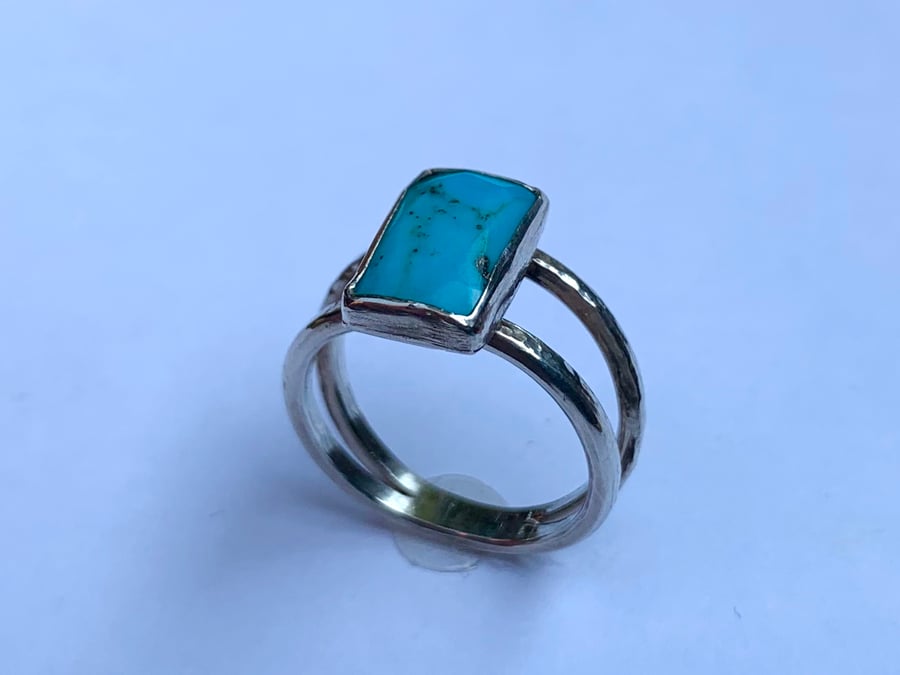 Unique Large Turquoise Stone set in hand textured Sterling Silver Ring (Size L)